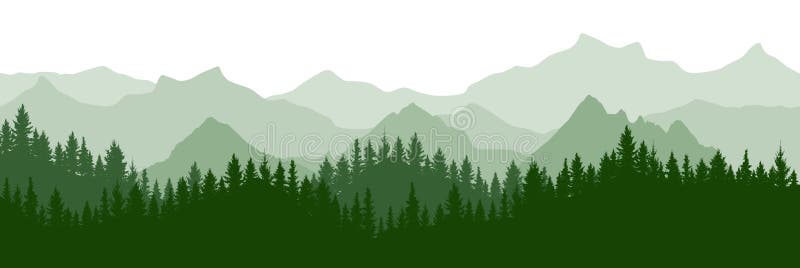 Green forest on background of mountains, silhouette. Beautiful landscape.  Evergreen coniferous trees. Vector illustration