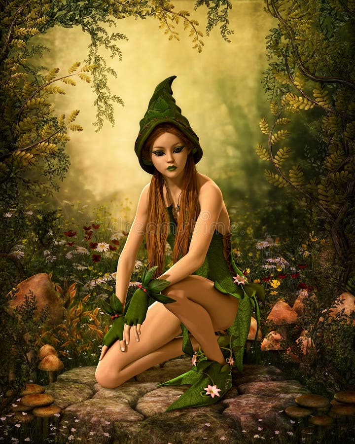 3d počítačová grafika ženské lesní elf s zelené oblečení a čepici.