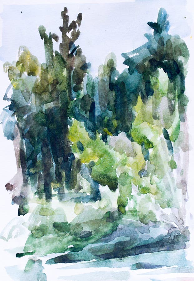 Green Forest, Watercolor Painting Stock Illustration Illustration of