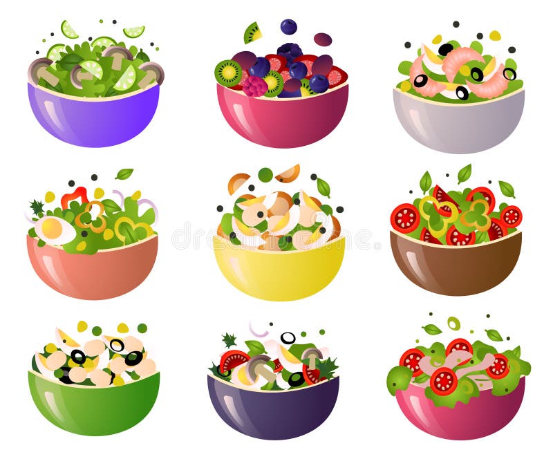 Green fresh salad of their various tasty vegetables in color bowls.