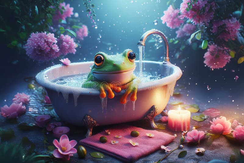Green frog relaxing in vintage bathtub filled with bubbles, surrounded by pink flowers in magical garden. Whimsical royalty free stock image