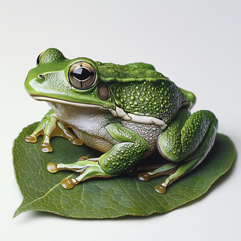 Green frog sitting on leaf, showcasing its full body from side. vibrant colors and intricate details highlight frog unique vector illustration