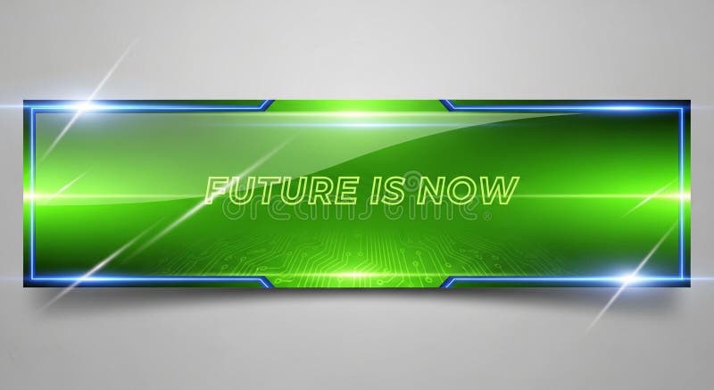 Green futuristic banner with FUTUREISNOW\' and circuit board pattern stock illustration