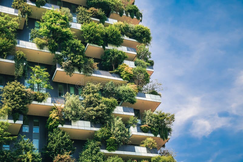 Green futuristic skyscraper close-up architecture