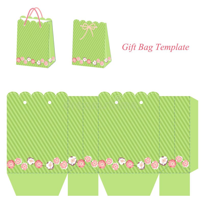 Green Gift Bag Template with Stripes and Flowers Stock Vector ...