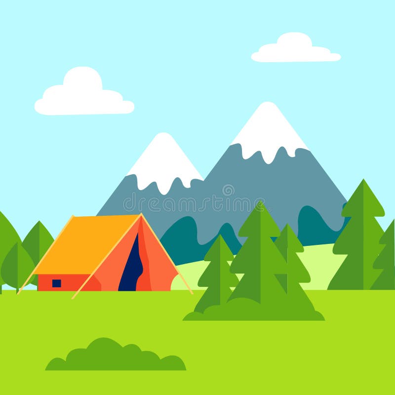 Green Glade, Open air Camping Vector Illustration.