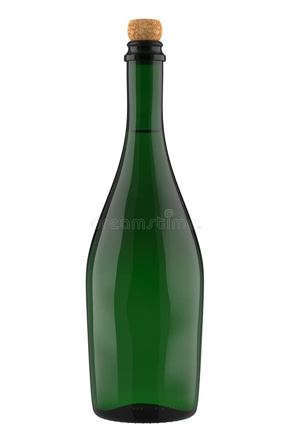 Green Glass Bottle of Sparkling Wine or Champagne Isolated on White Background.