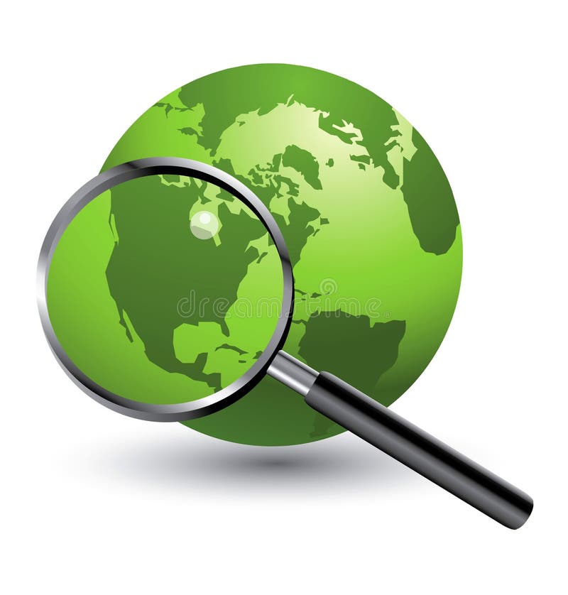 A three-dimensional illustration of a green globe and a large magnifying glass. A three-dimensional illustration of a green globe and a large magnifying glass.