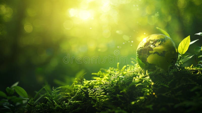 A green globe sitting on top of a lush grassy field, AI stock image