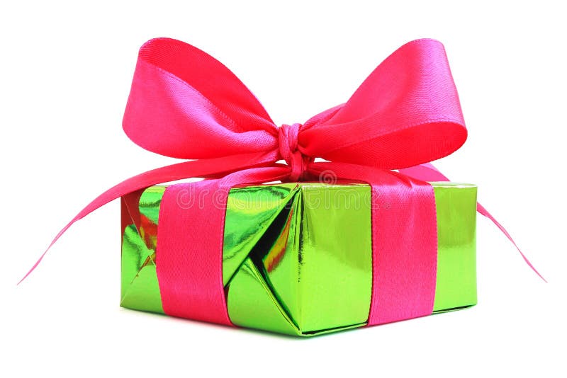 Green glossy gift wrapped present with pink satin bow