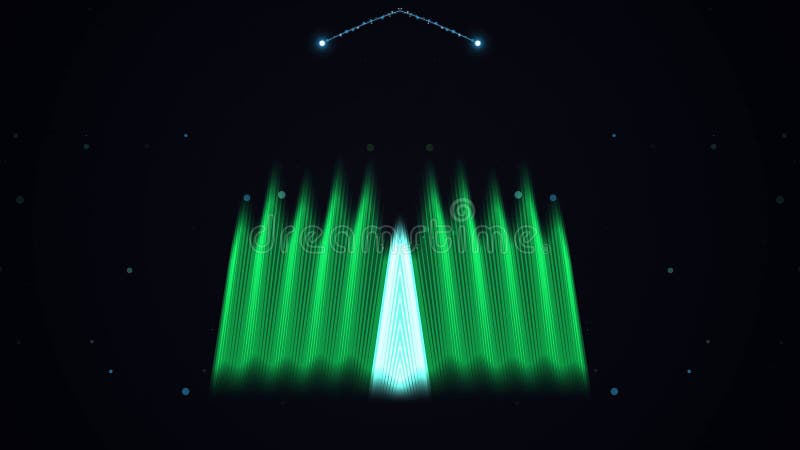 Green glowing pyramid surrounded by glowing lines forming v shape pattern in dark night sky with scattered dots Design vector illustration