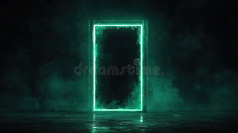 The image presents a dark, possibly black, room with a large, rectangular, glowing green light source at the center. The light source appears to be emitting a bright, almost neon, green glow. The room is shrouded in a thick layer of green smoke or fog, which gives it an ethereal and mysterious atmosphere. The floor of the room is dark and appears to be made of a material like concrete or stone. The overall scene is dark and mysterious, with the glowing green light providing a stark contrast against the surrounding darkness. Large rectangular light source stock images, royalty-free photos and pictures