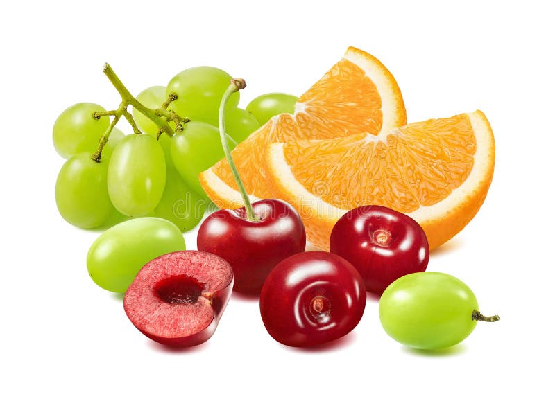 Green grape, sliced orange and sweet red cherry isolated on white background stock image
