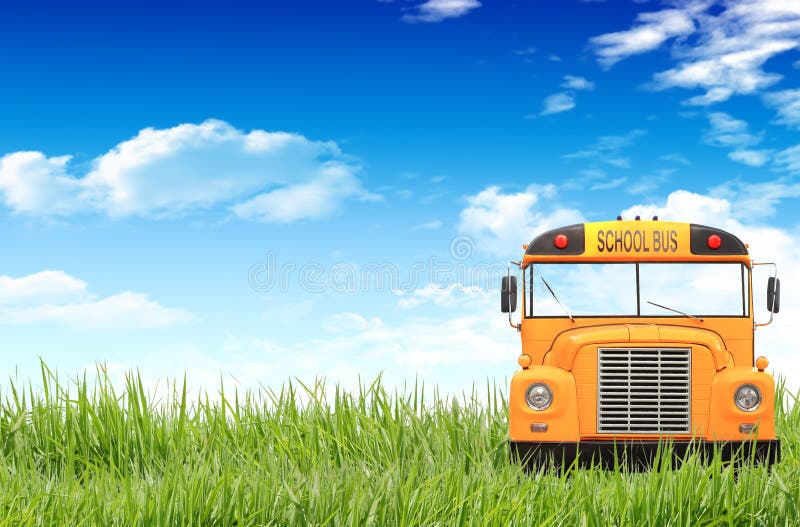 Green grass, blue sky and the school bus