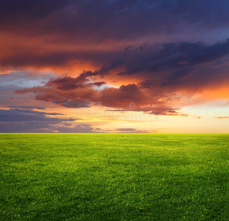 Image of green grass field and beautiful evening sky. Image of green grass field and beautiful evening sky