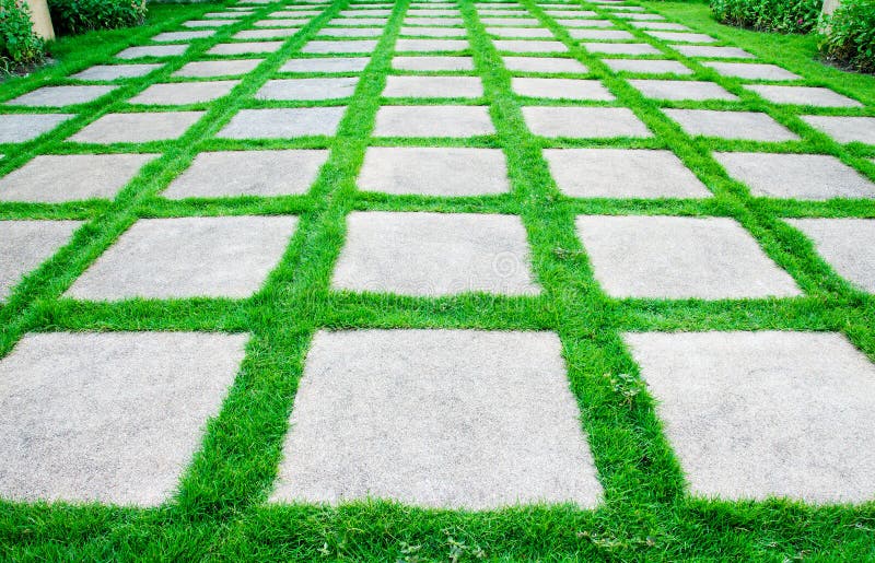 Green grass growth between cement walkway royalty free stock images