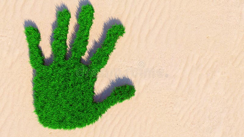 Green Grass Handprint On Wood Shavings Background Stock
