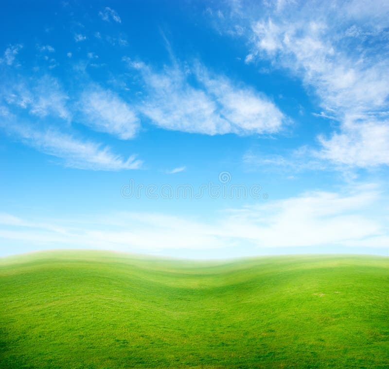 Green grass hills under blue sky.