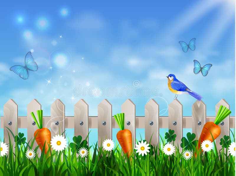 Green grass lawn with sunrise on blue sky stock illustration