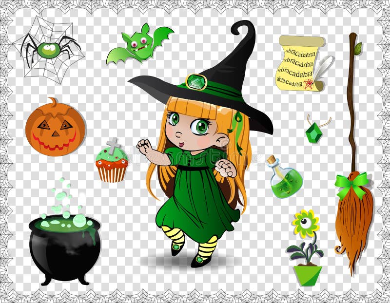 Green halloween cartoon set of objects for witches and cute witch girl isolated