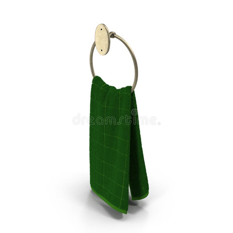Green Hand Towel on Metallic Hanger on White. 3D Illustration Stock
