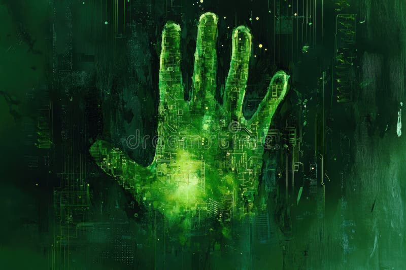 Green handprint showing electronic circuit on technological background stock photo