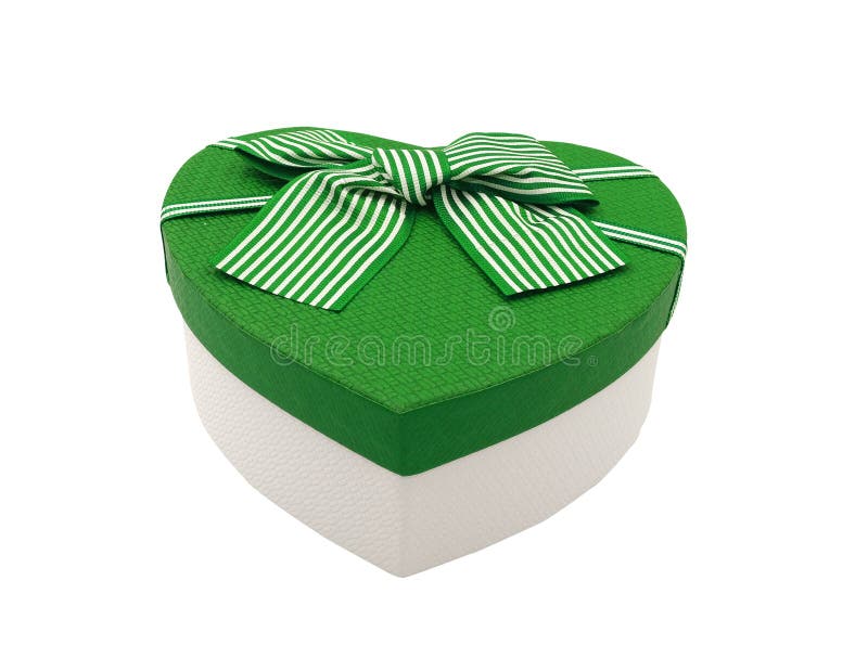 Green heart present box. Gift for lover white color inside with bow tie isolated on white backgrond with clipping path . beauty sh