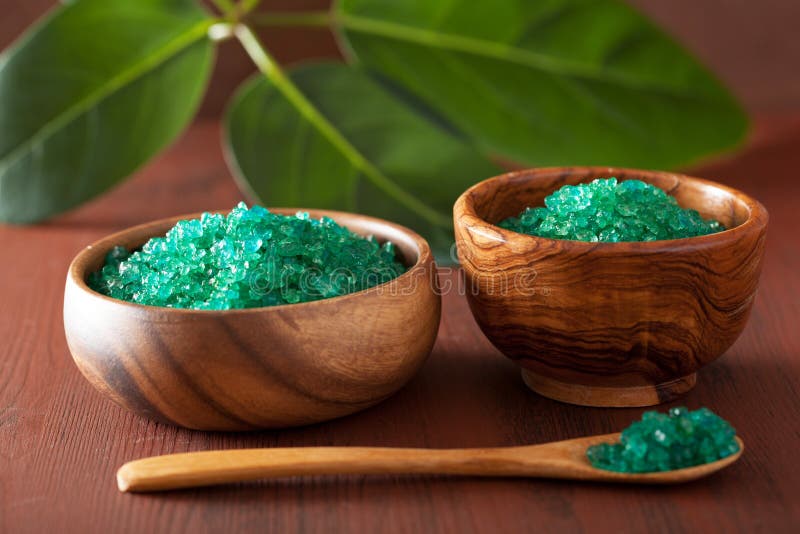 Green Herbal Salt and Essential Oils for Healthy Spa Bath Stock Image