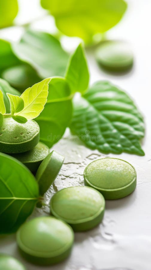 Green herbal tablets with fresh leaves on a textured surface royalty free stock photography
