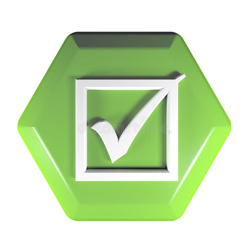 Green hexagonal push button with icon of a checked box - 3D rendering illustration vector illustration Green hexagonal push button with icon of a checked box - 3D rendering illustration vector illustration
