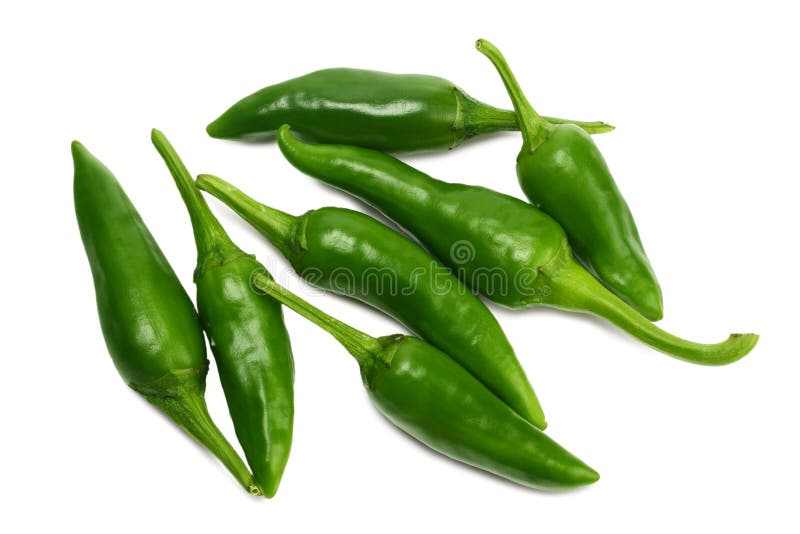 Green hot chili peppers isolated on white background top view