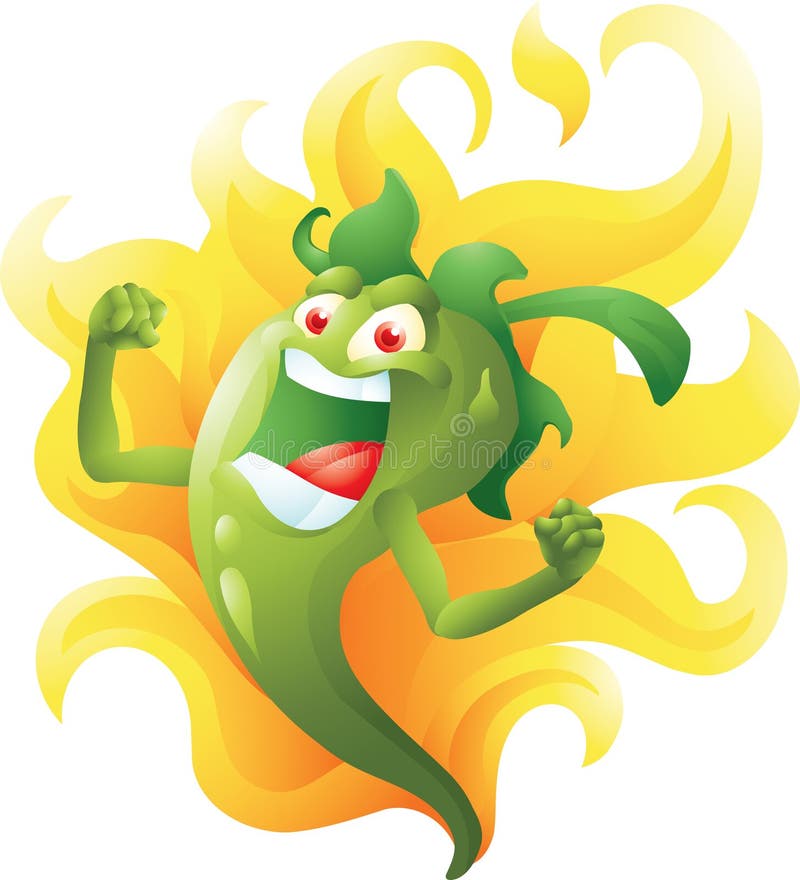 Green hot pepper on fire cartoon