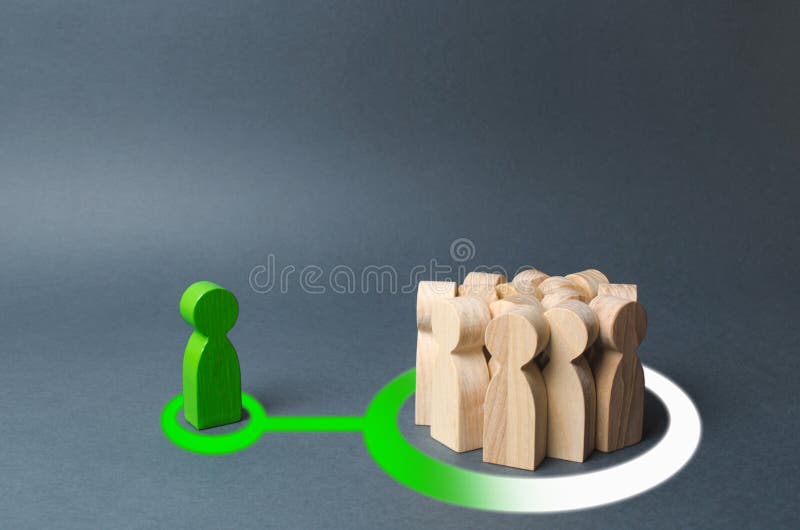 A green human figure influences a crowd of people. presentation of a new idea or thought and bringing people to your side