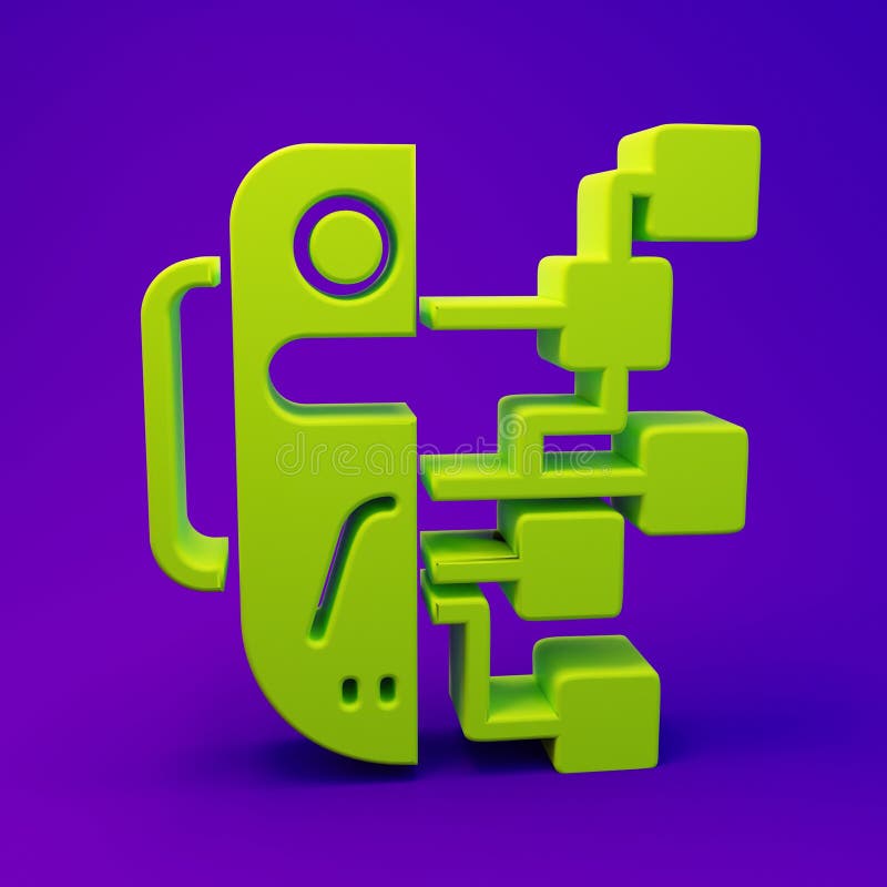 Green Humanoid robot icon isolated on purple-blue background. Artificial intelligence, machine learning, cloud computing vector illustration