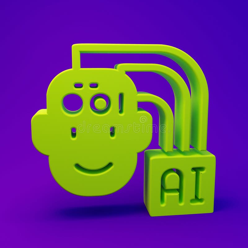 Green Humanoid robot icon isolated on purple-blue background. Artificial intelligence, machine learning, cloud computing stock illustration