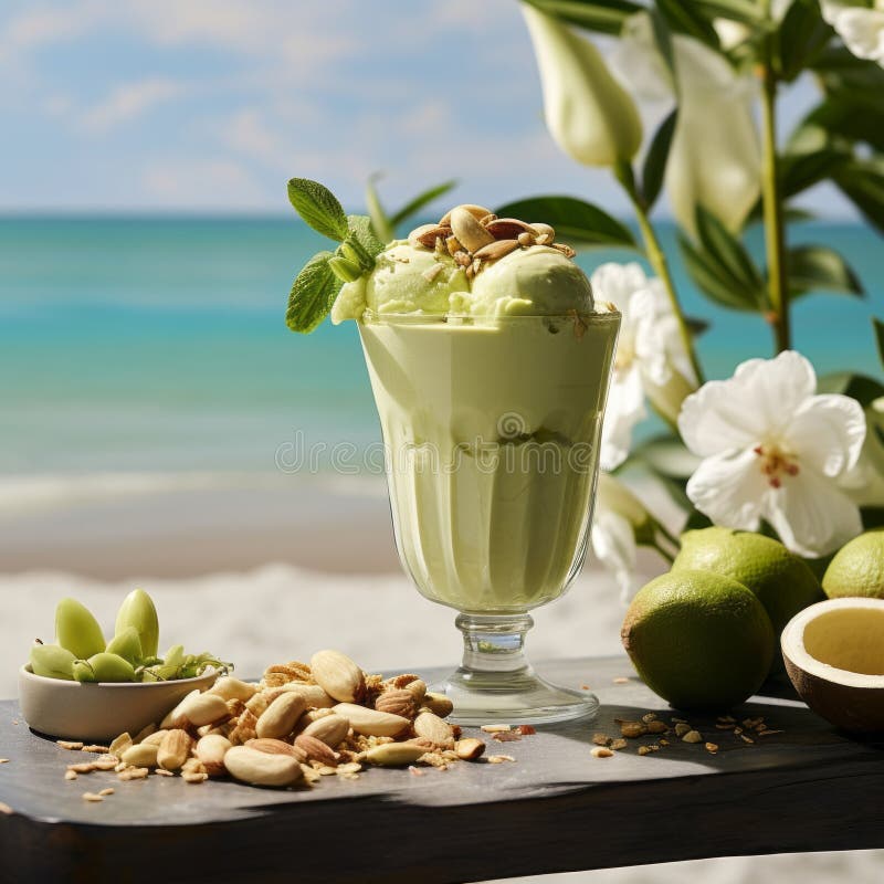 Green Ice cream with pistachio in a dessert glass on the background of a blue sea. Beautiful composition of pistachio nut ice vector illustration
