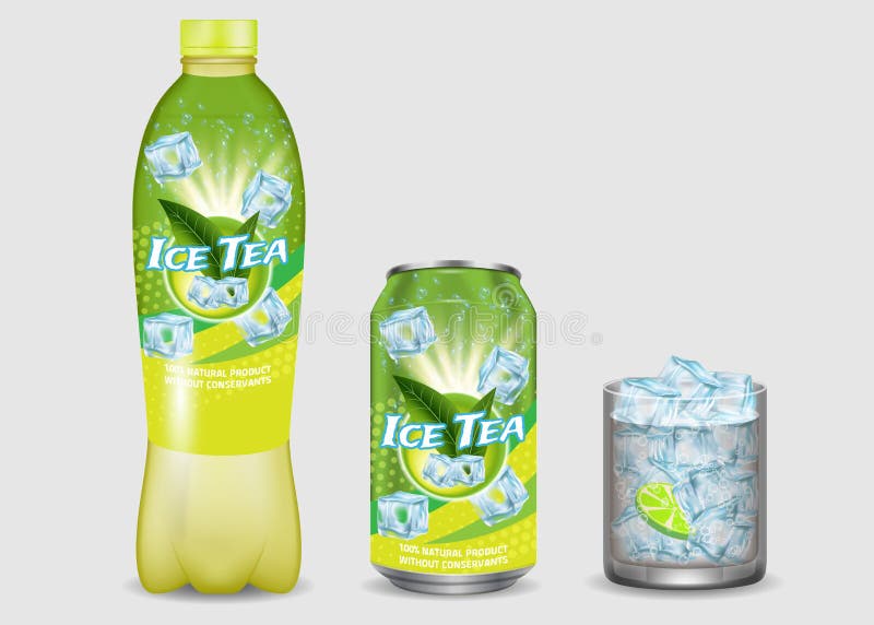 Green iced tea package mockup set. Vector realistic illustration of ice tea plastic bottle, aluminium can with labels and glass with ice cubes and lemon. Cooling and refreshing summertime drink. Green iced tea package mockup set. Vector realistic illustration of ice tea plastic bottle, aluminium can with labels and glass with ice cubes and lemon. Cooling and refreshing summertime drink.