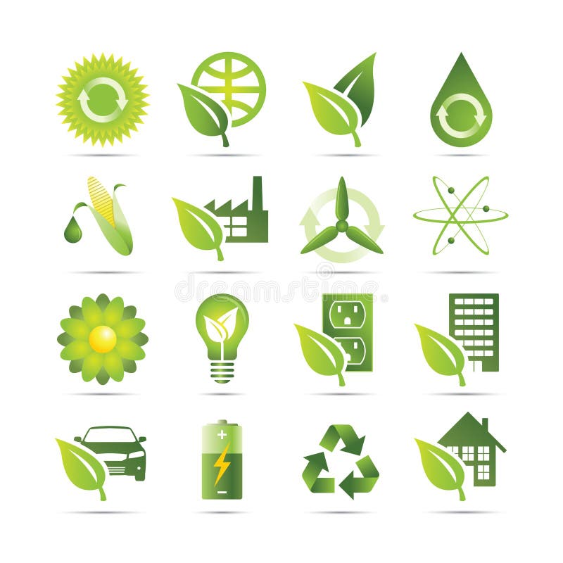 An illustration of 16 Green Earth friendly icons depicting recycling, and alternative energy concepts. Green drop vectors