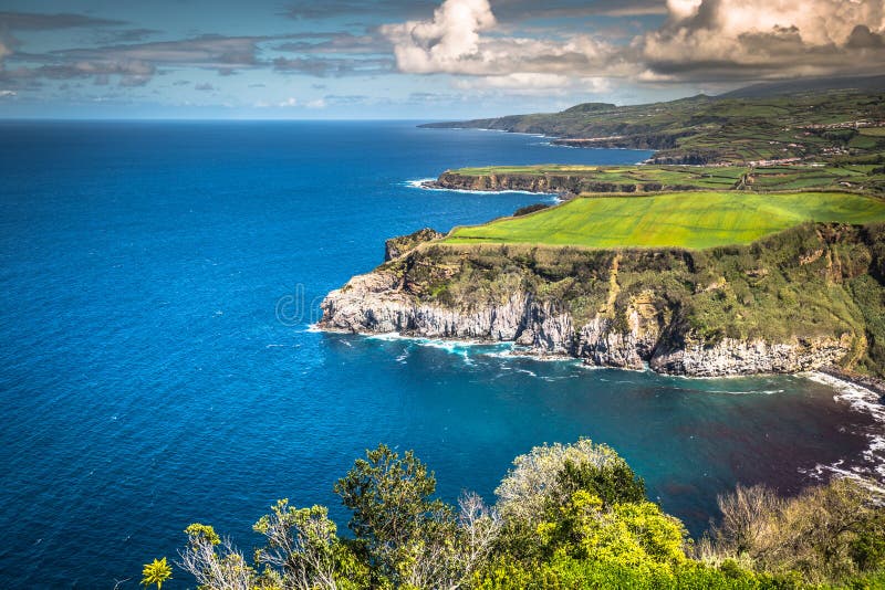 Green island in the Atlantic Ocean, Sao Miguel, Azores, Portugal.