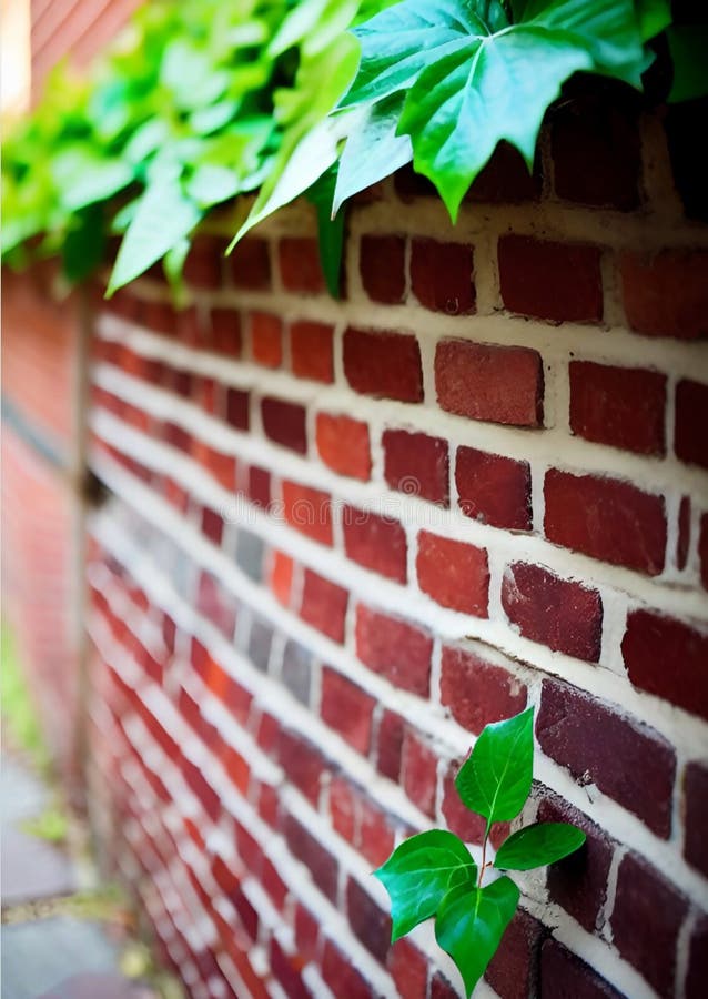 Green ivy leaves on a brick wall stock illustration