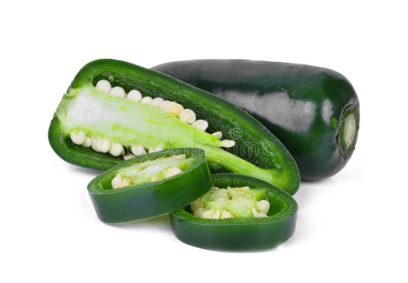 Green jalapeno peppers with half slice isolated on a white background