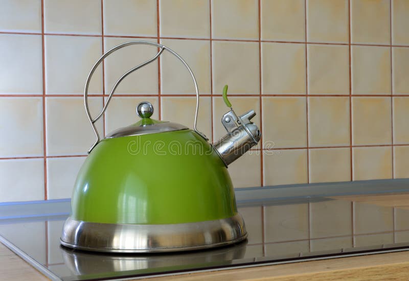 Green Kettle on Electric Stove Stock Photo Image of kettle, heat