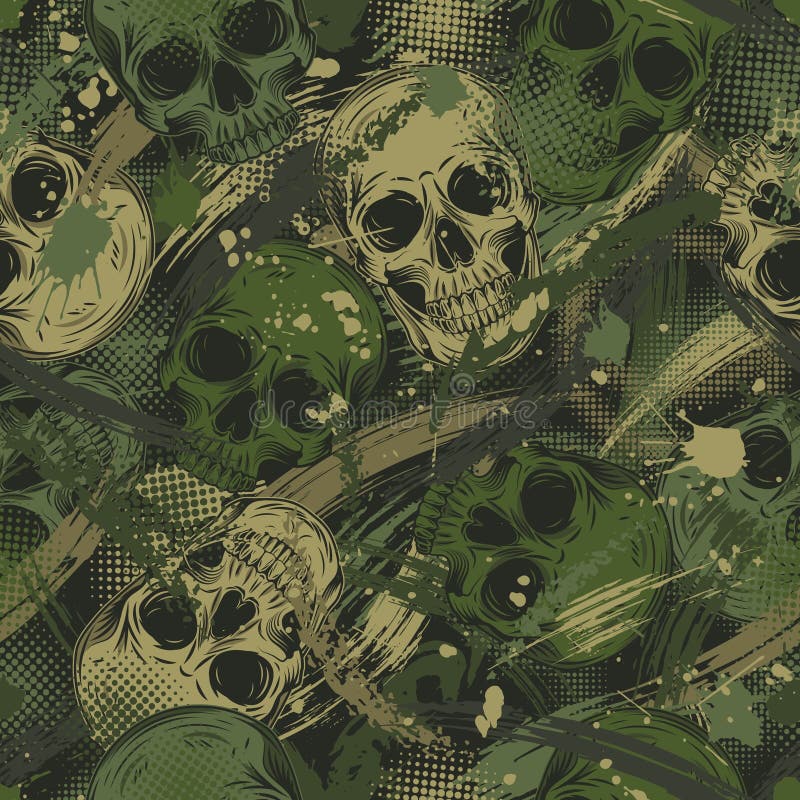 Green khaki grunge camo pattern with human skulls