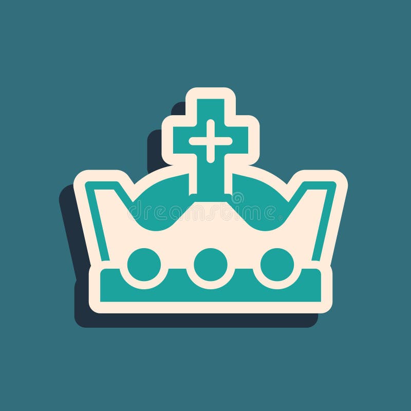 Green King crown icon isolated on green background. Long shadow style. Vector royalty free illustration