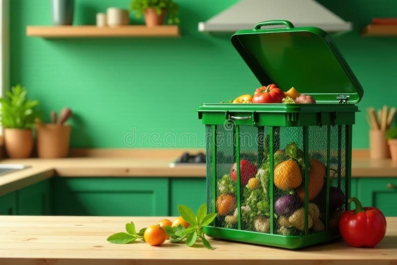 Green kitchen compost bin filled with assorted fresh produce on a wooden counter. Generative AI vector illustration