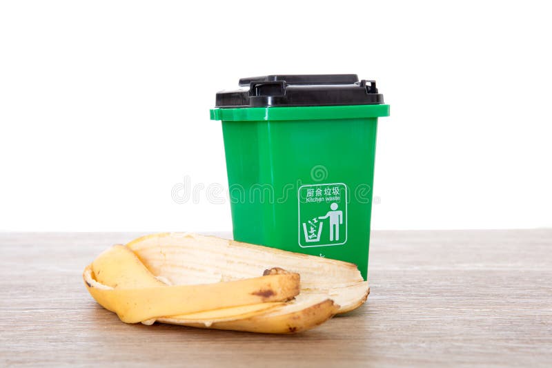 Green Kitchen Waste Trash Bin Model and Banana Peel in Waste Sorting