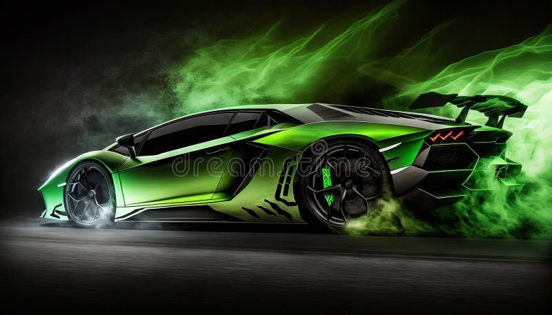 Green Lamborghini Aventador with Advanced Aerodynamics. Stock Photo
