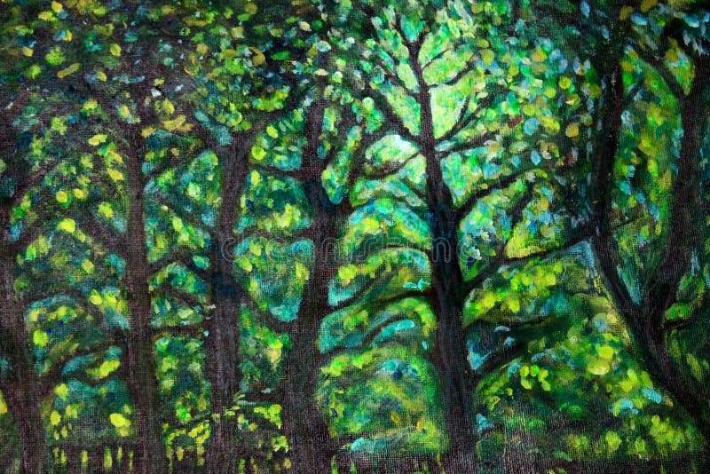 Acrylic painting landscape with green trees and light. Grass night sky background illustrations