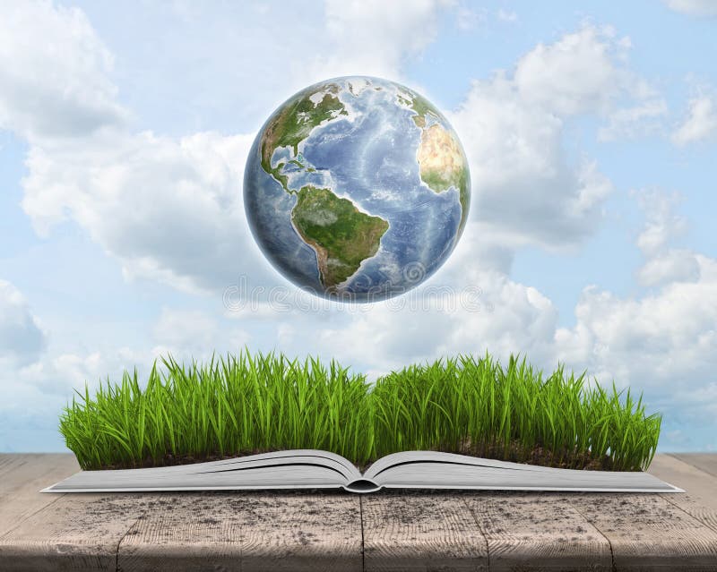 Green landscape covered by grass on an open book with Globe. royalty free illustration Green landscape covered by grass on an open book with Globe. royalty free illustration