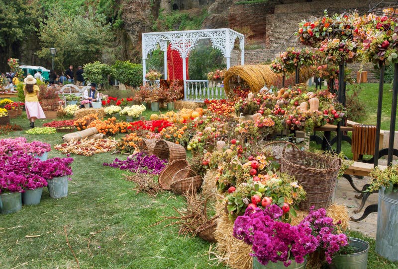 Green lawn with harvest of apples and flowers at the autumn city festival